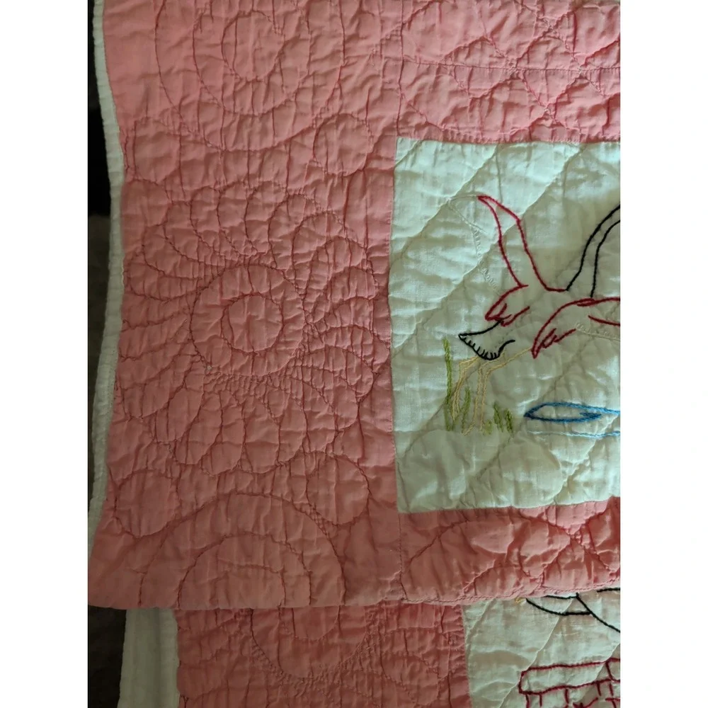 Vintage Handmade Pink & White Embroidered Patchwork Quilt w/Birds & Flowers.